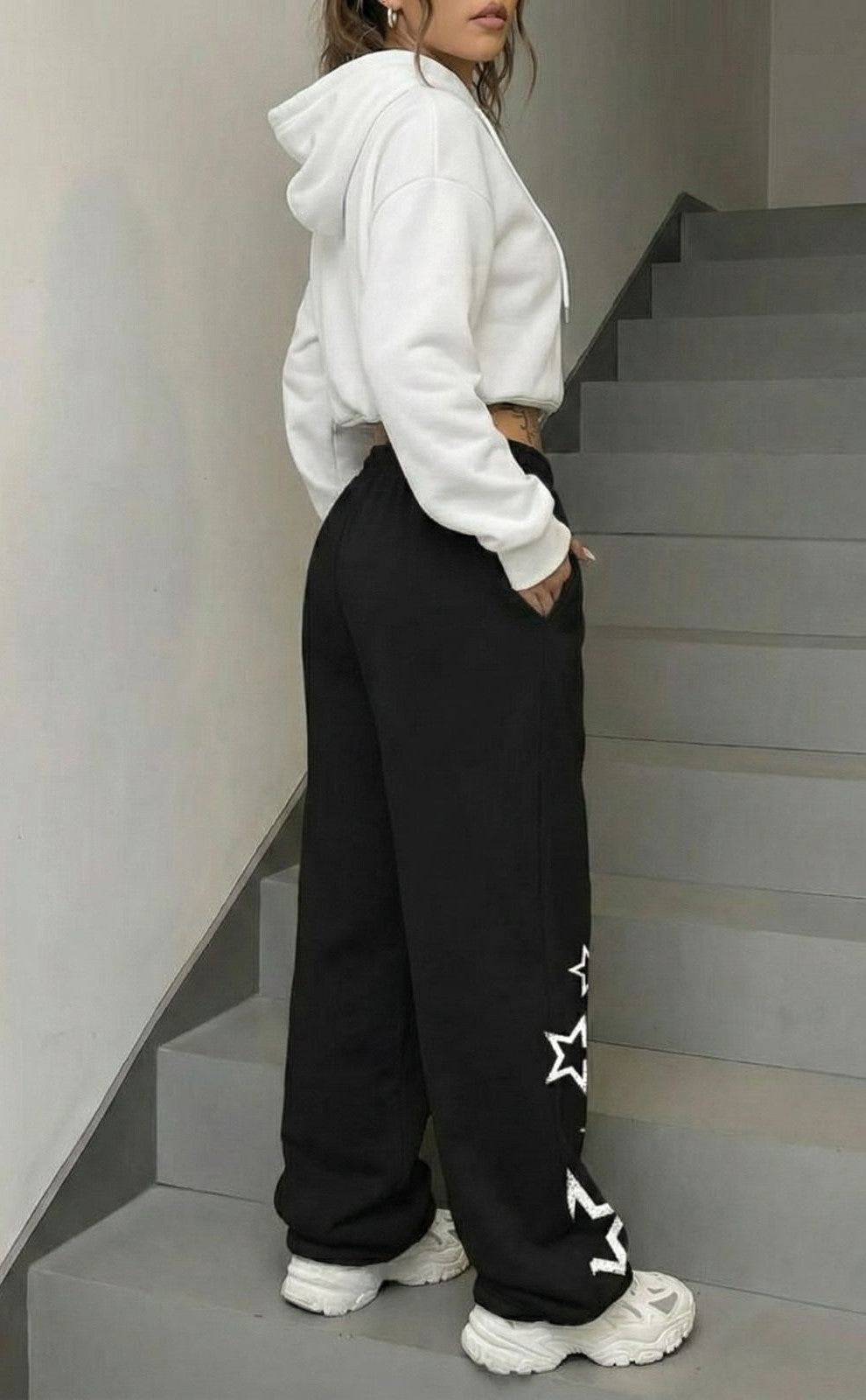 Women's Black Star Print Baggy Trousers