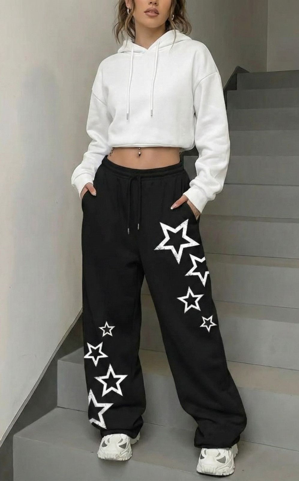 Women's Black Star Print Baggy Trousers