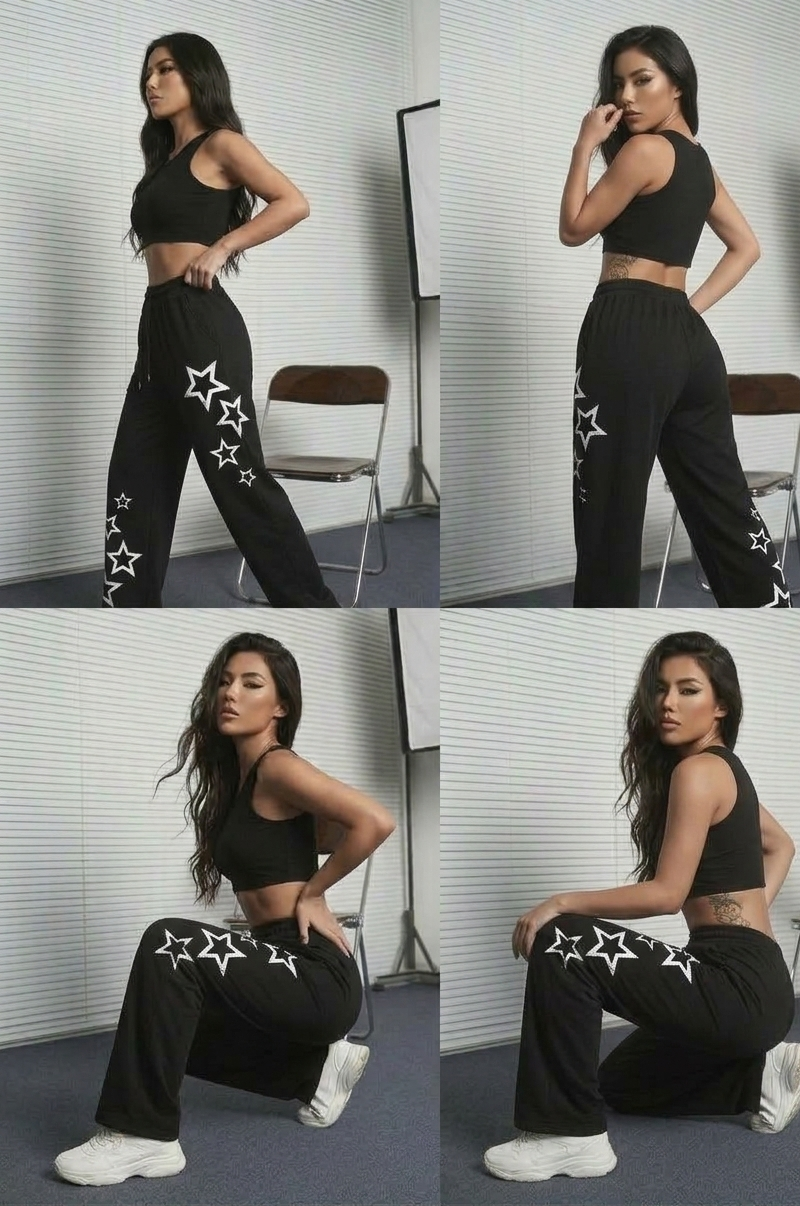 Women's Black Star Print Baggy Trousers
